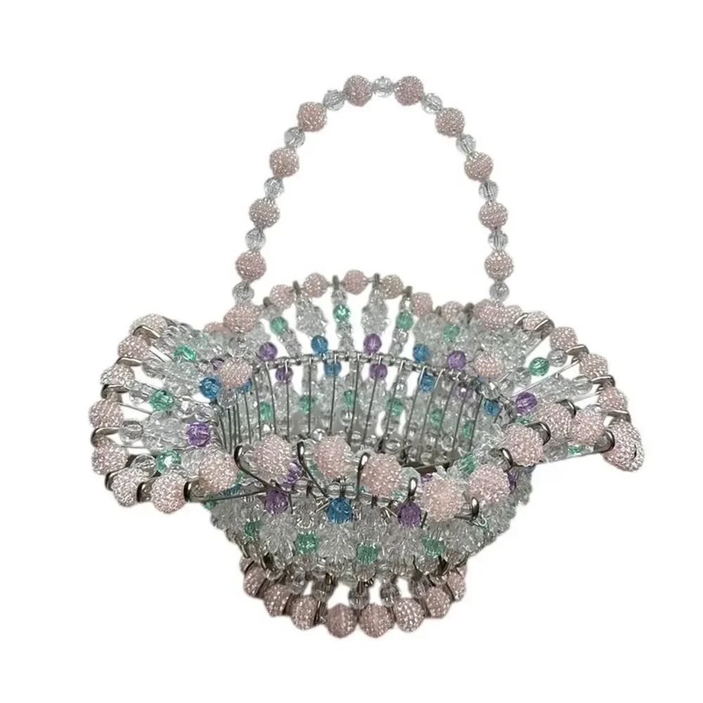 Vintage‎ Handmade Safety Pin Ruffled Bead Basket White Purple Pink Easter 12